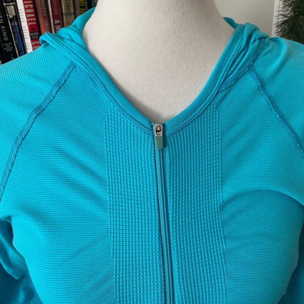 Athleta Blue Sparkle Ruched Full Zip Hooded Slimming Active Sport Yoga Jacket L - Picture 2 of 7